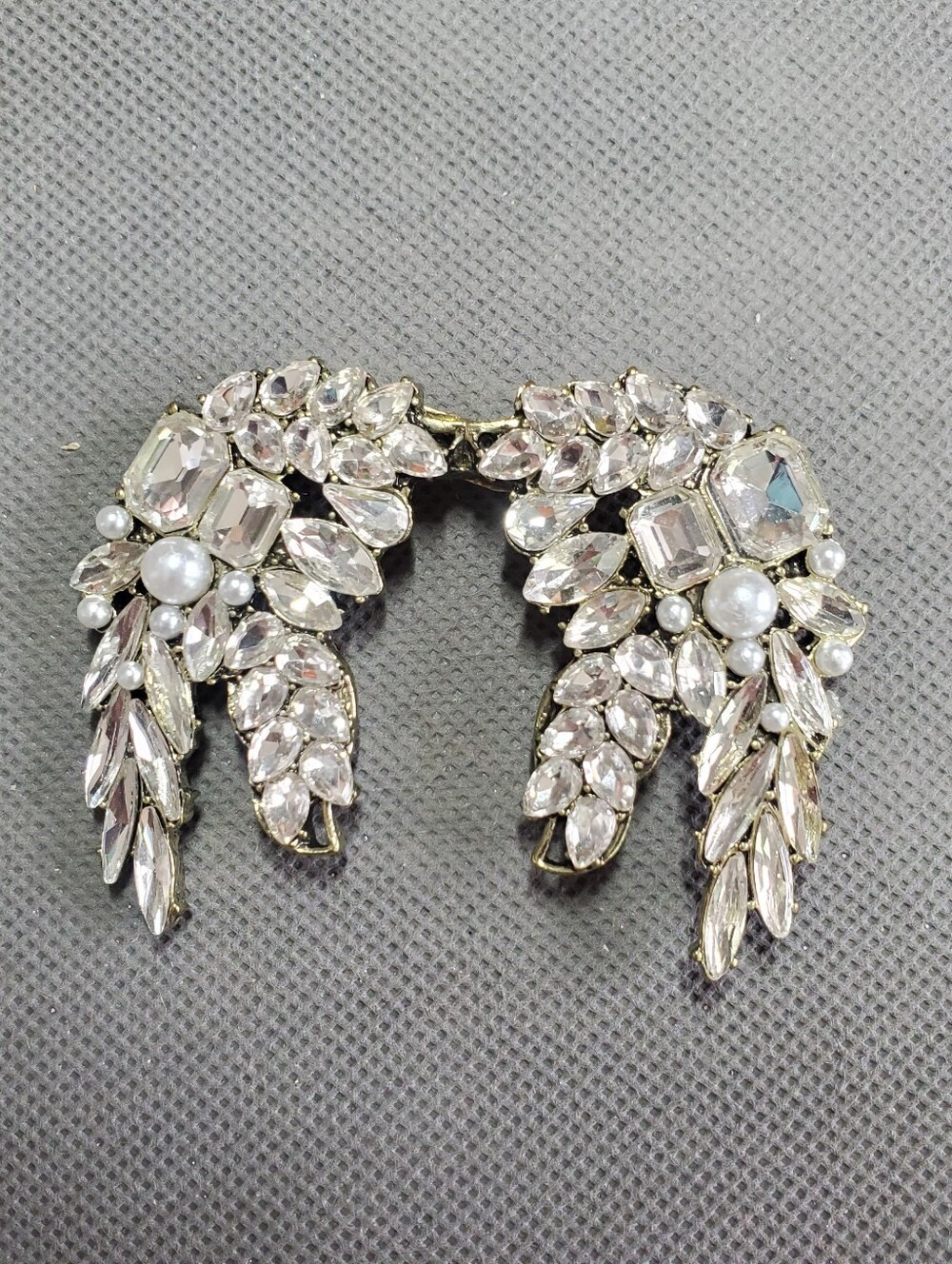 Vintage Rhinestone Pearl Angel Wing Leaf Mid Century Modern Brooch Pin